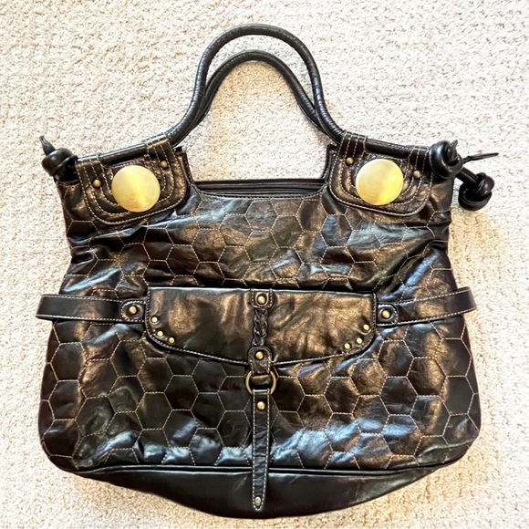 Black Hobo Shoulder Biker Moto Bag Tote Soft Leather Handbag Gold Accent Edgy - Picture 1 of 9